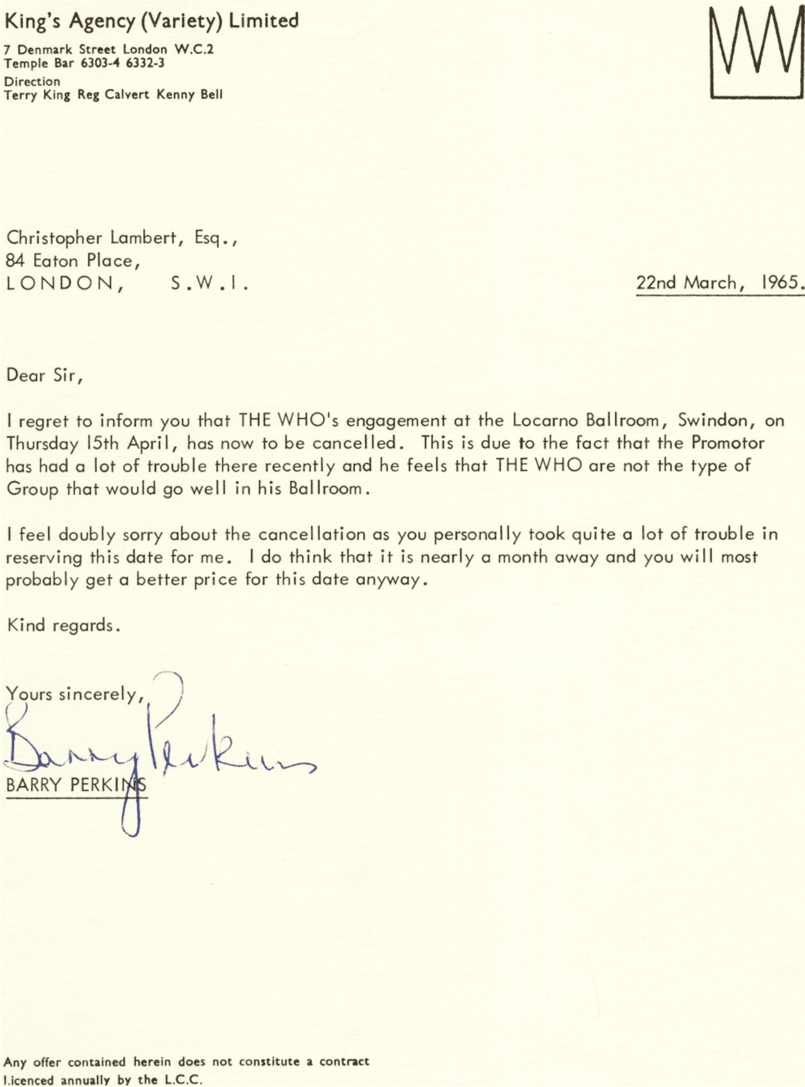 Letter to "Christopher Lambert" cancelling The WHo's April 15, 1966 concert in Swindon