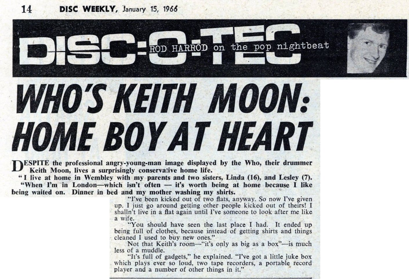 Disc Weekly article "Who's Keith Moon: Home Boy At Heart" from January 15, 1966