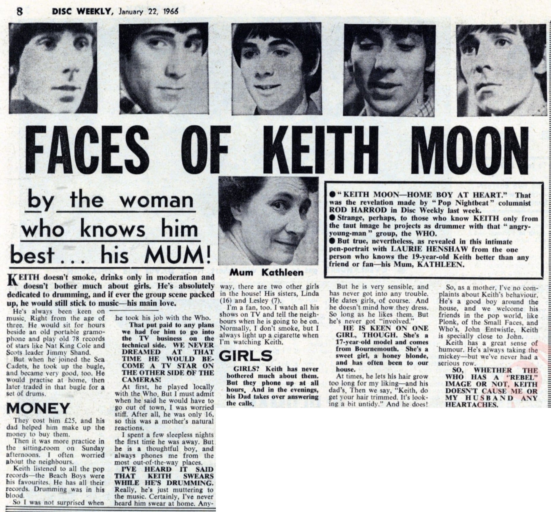 "Face of Keith Moon" article from Disc Weekly, January 22, 1966
