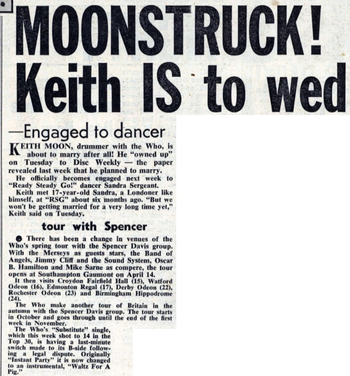 Disc and Music Echo article titled "Moonstruck! Keith IS to wed" from March 19, 1966