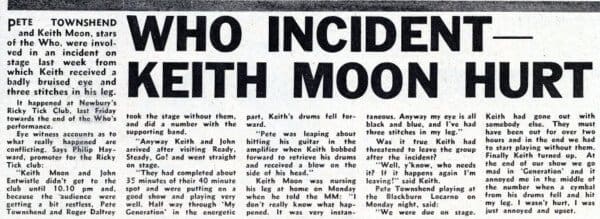 May 28, 1966 Melody Marker article describing the incident between Keith Moon and Pete Townshend on May 20, 1966