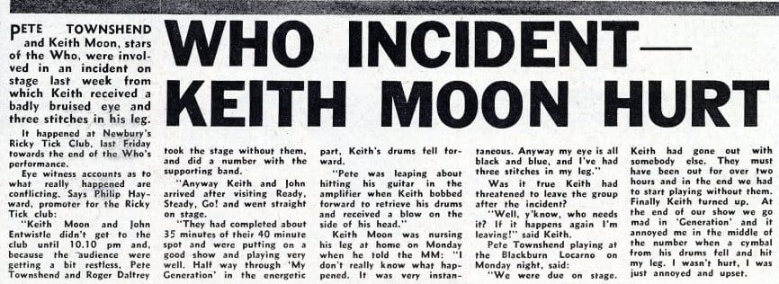 May 28, 1966 Melody Marker article describing the incident between Keith Moon and Pete Townshend on May 20, 1966