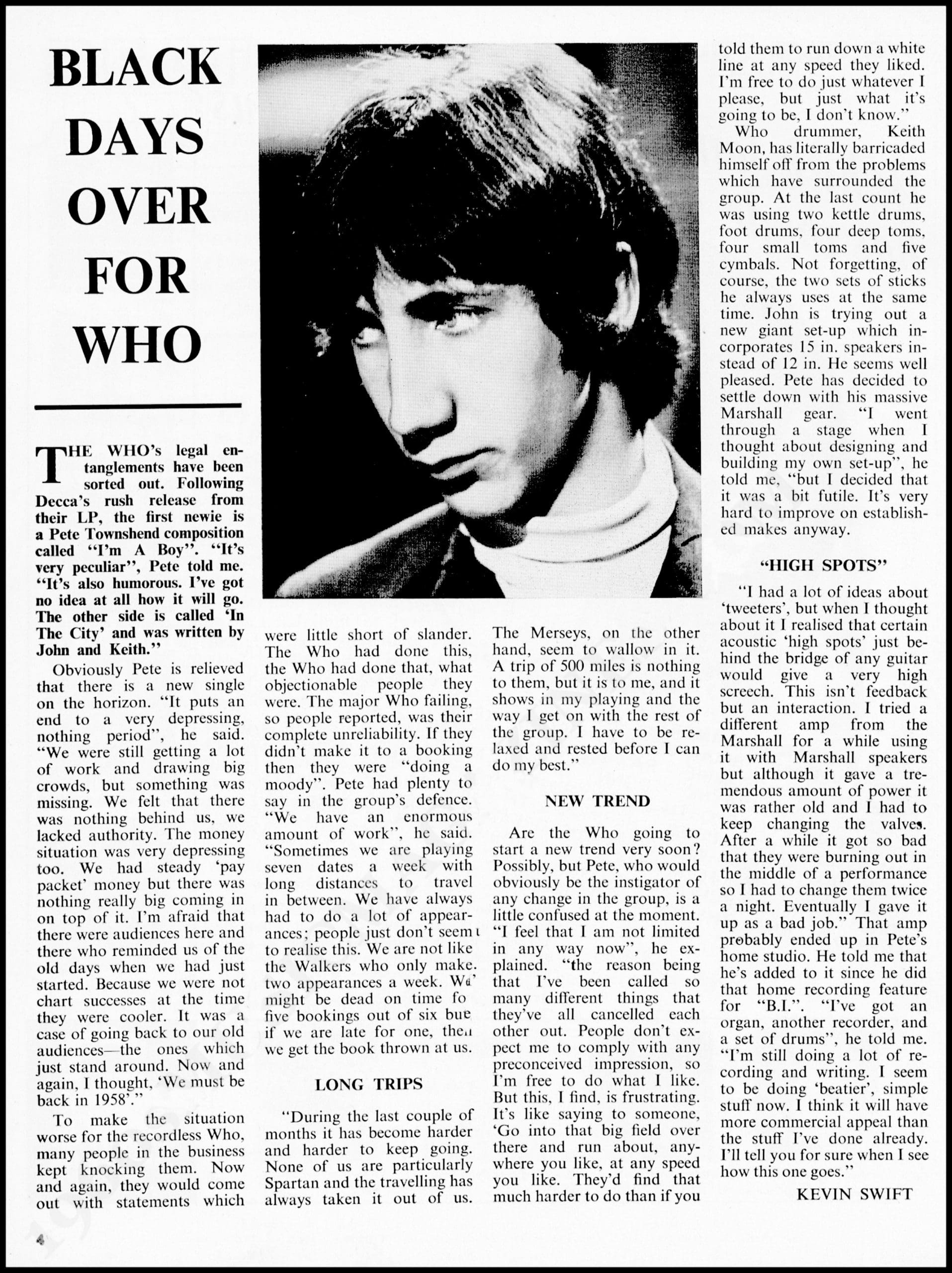 September 1966 Beat Instrumental article titled "Black Days Over For Who"