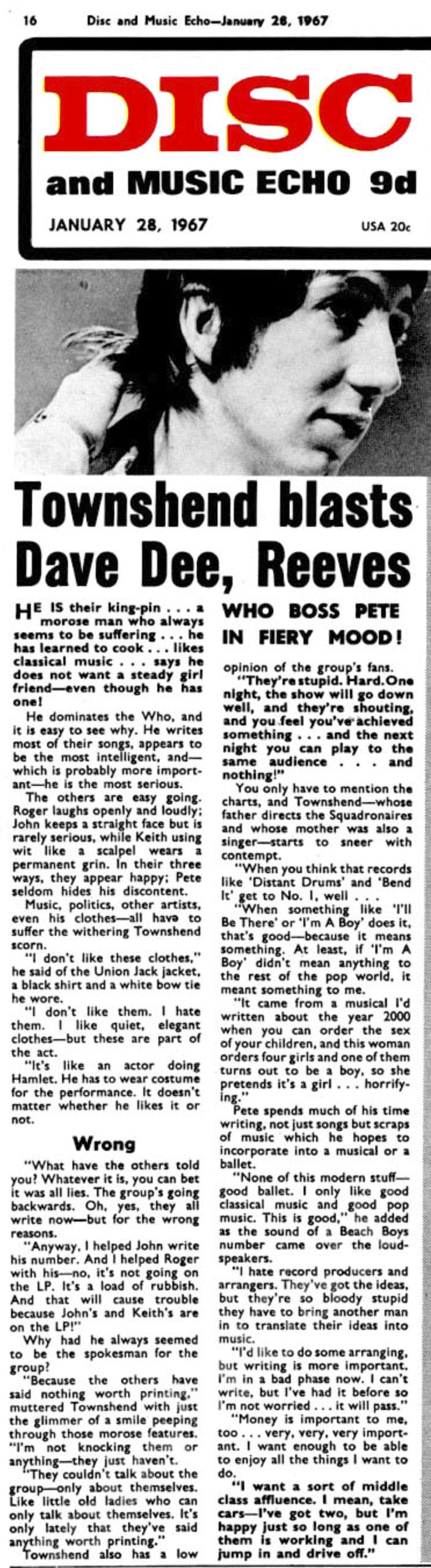 Disc and Music Echo article on Pete Townshend from January 28. 1967