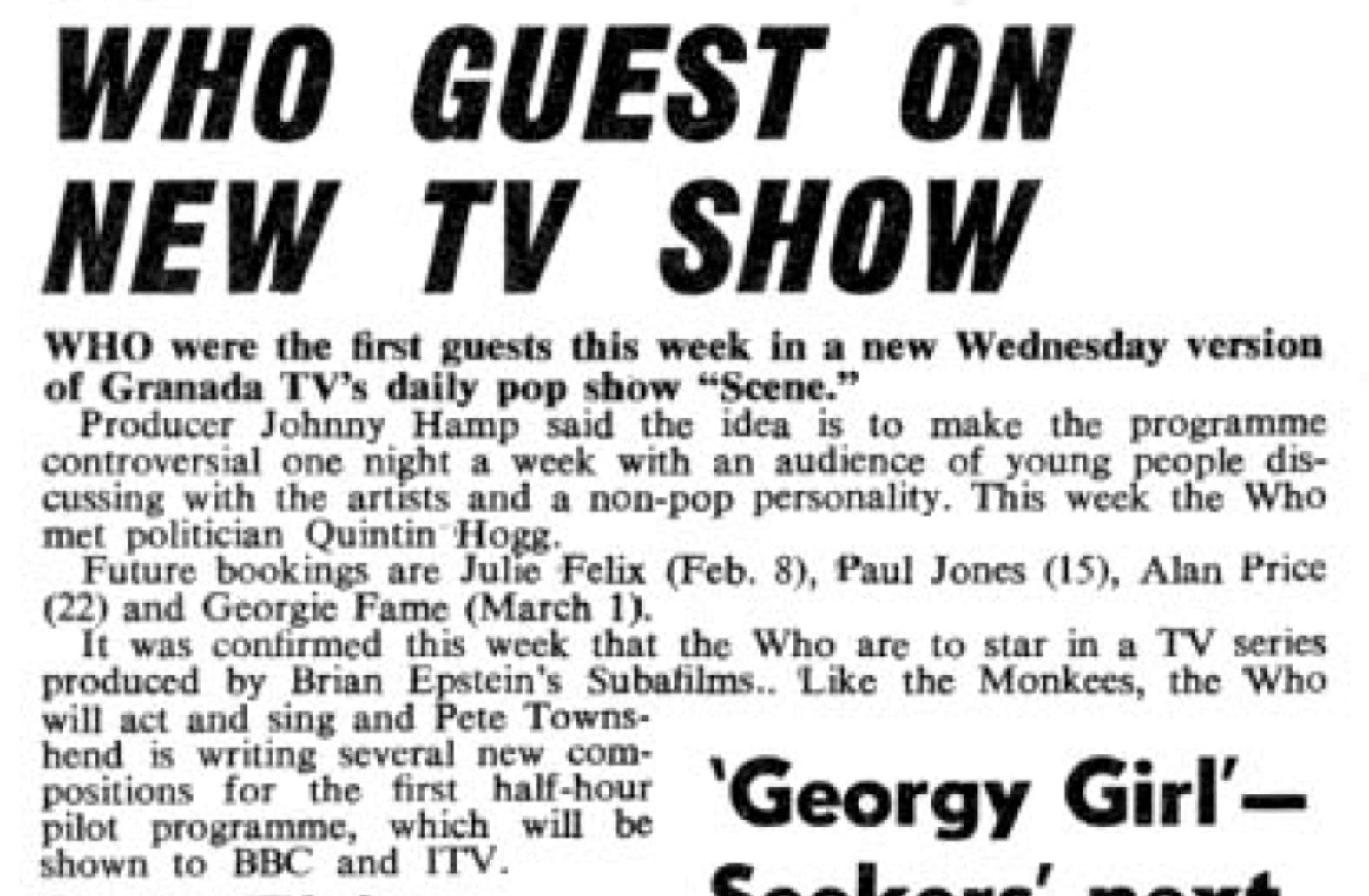 1967-02-04-Disc & Music Echo article about The Who on "Scene" and a new Who TV show