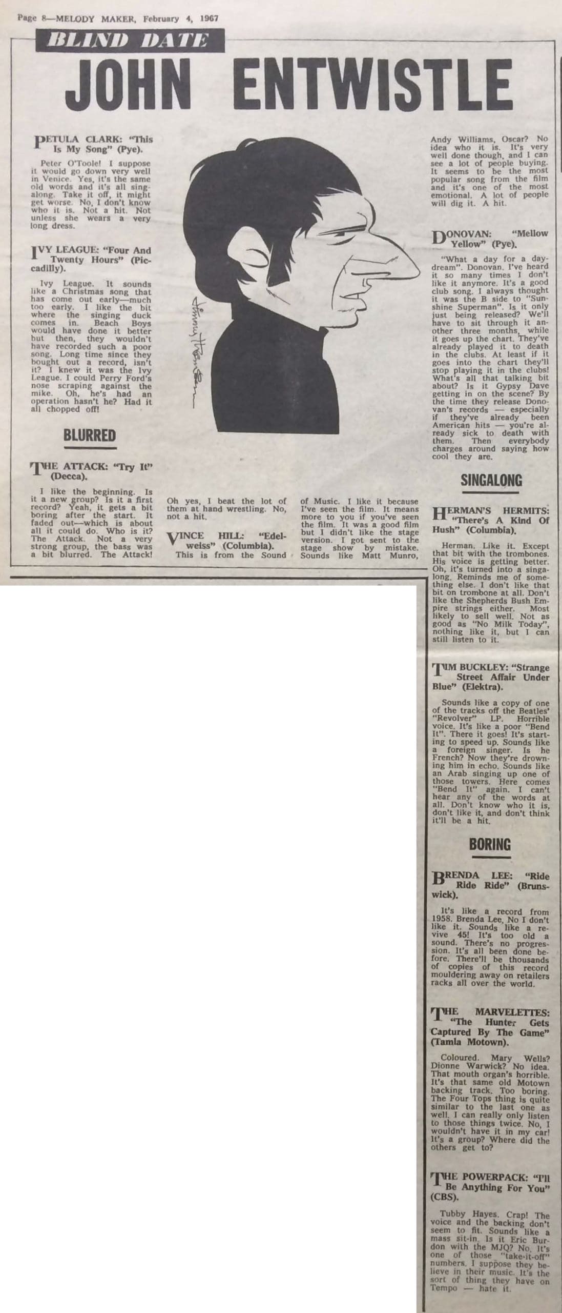 February 4, 1967 Melody Maker's "Blind Date" featuring John Entwistle