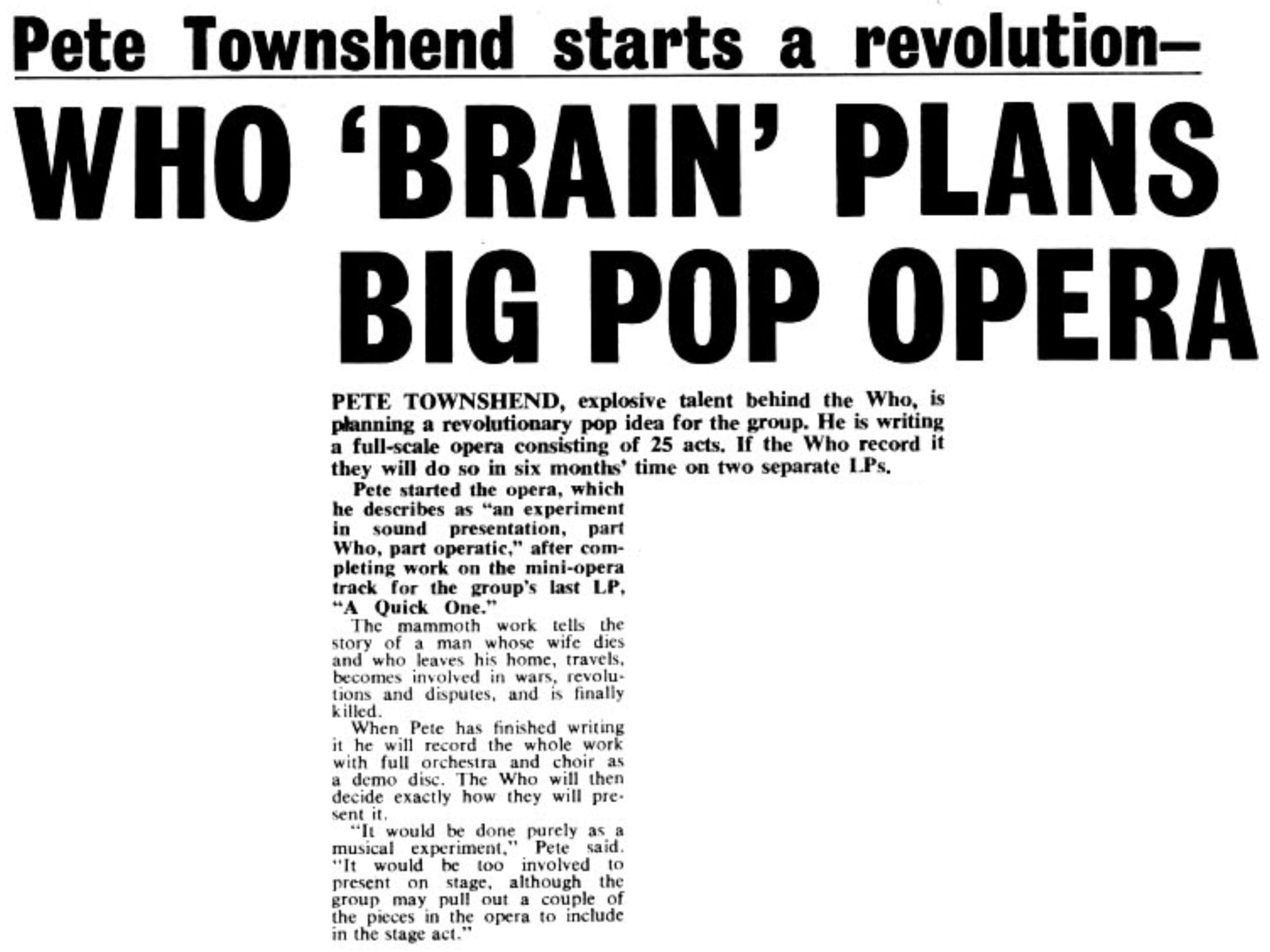 Disc and Music Echo article "Who 'Brain' Plans Big Pop Opera" from February 18. 1967