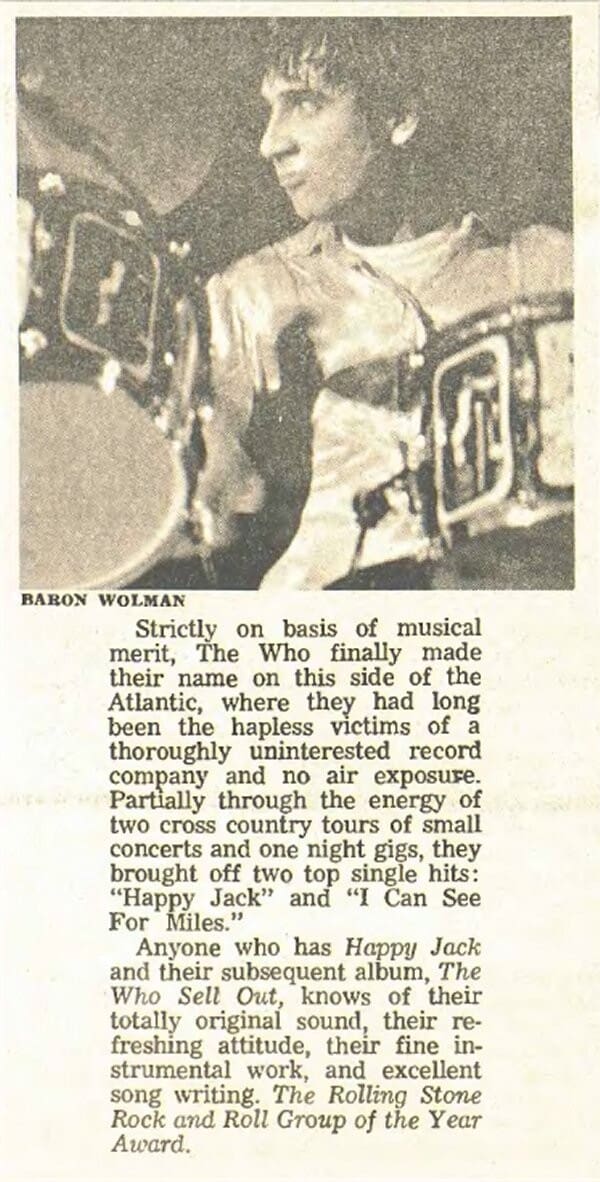 The Rolling Stone Rock and Roll Group of the Year Award from February 24, 1968.