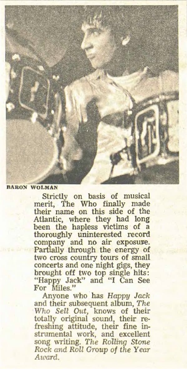 The Rolling Stone Rock and Roll Group of the Year Award from February 24, 1968.