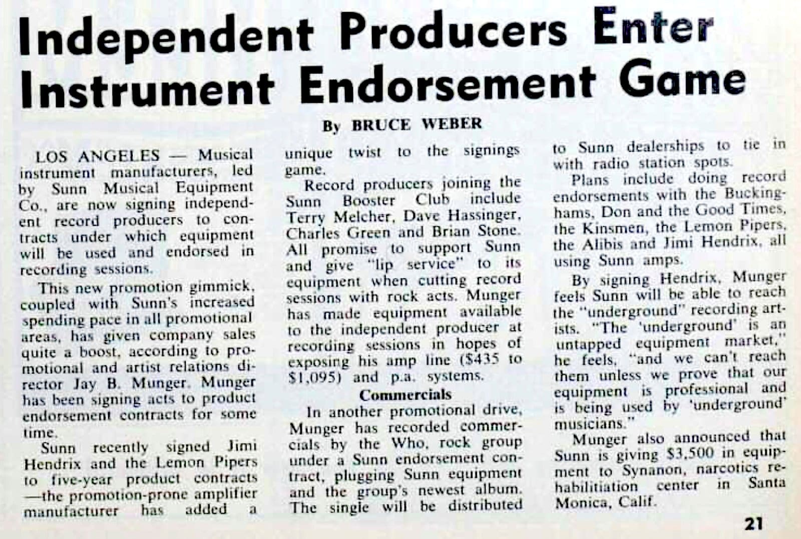 Billboard article from March 16, 1968 about Sunn recording an ad with The Who