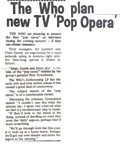 Article from Go Magazine - "The Who plan new TV Pop Opera"