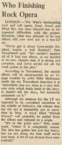 Rolling Stone magazine article "Who Finishing Rock Opera" from February 15, 1969