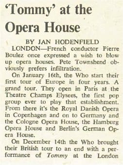 Part one of a Rolling Stone magazine article from February 7, 1970 entitled "'Tommy'' at the Opera House"