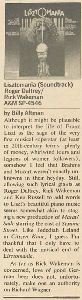 Rolling Stone magazine's review of the Listomania Soundtrack album from the January 29. 1976 issue