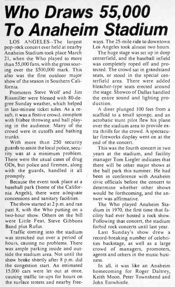 Billboard magazine review of The Who's March 21, 1976 concert at Anaheim Stadium