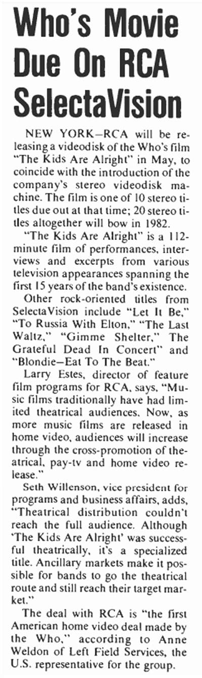 Article from Billboard Magazine entitled "Who's Movie Due On RCA SelectaVision" from January 23, 1981