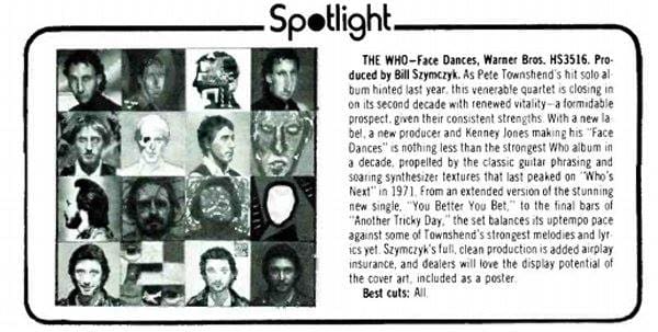 Billboard magazine's "spotlight" on The Who's "Face Dances" album from March 28, 1981