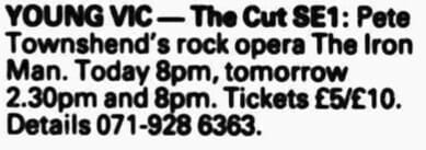 Newspaper announcement of The Iron Man at the Young Vic in 1994