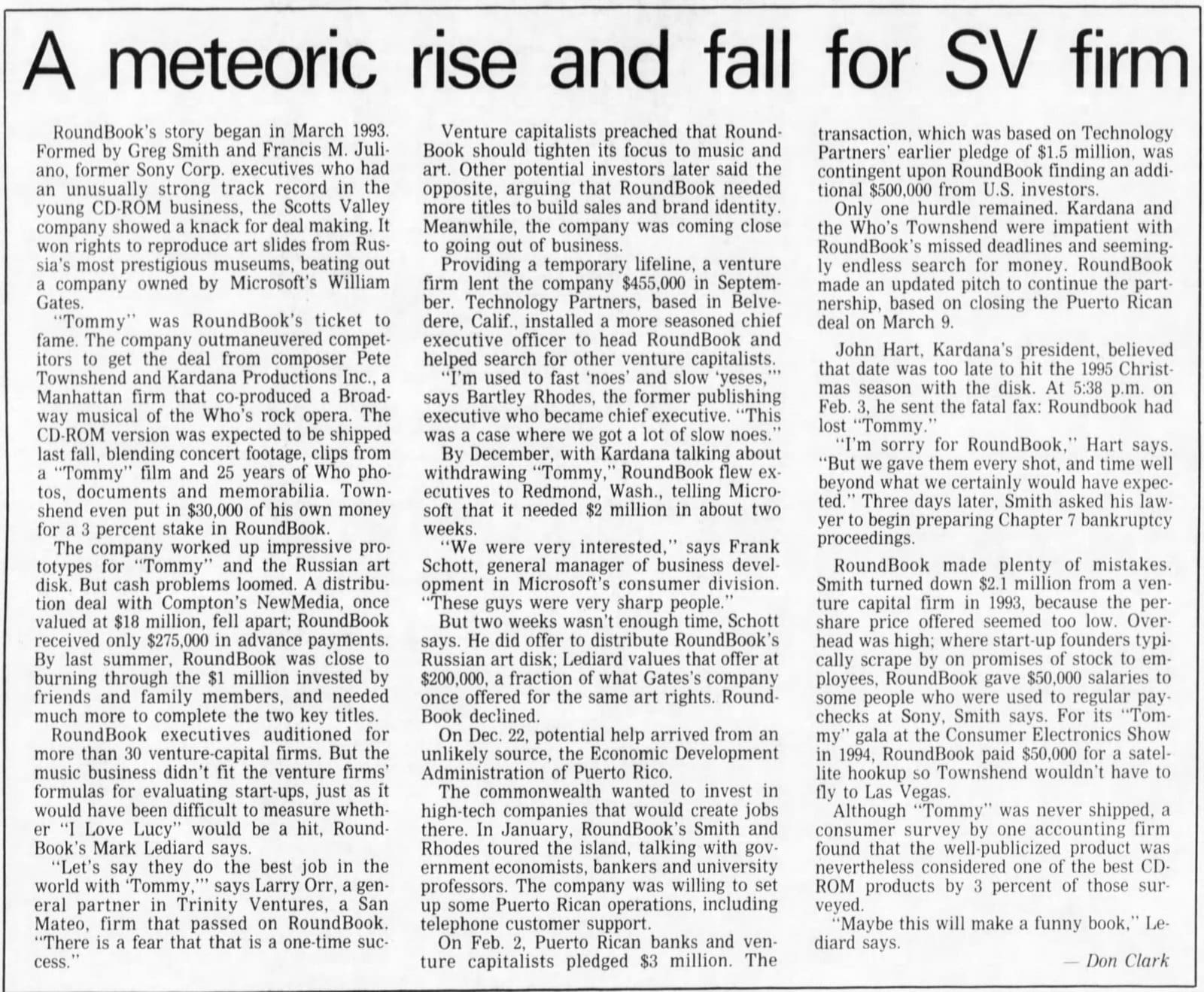 Santa Cruz Sentinel article on the downfall of Roundbook