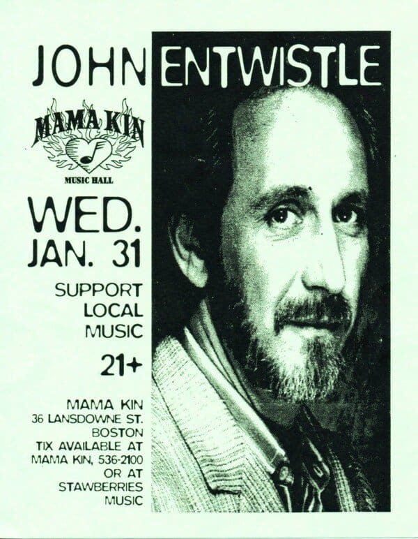 Flyer for John Entwistle's January 31, 1996 show at Mama Kin Music Hall