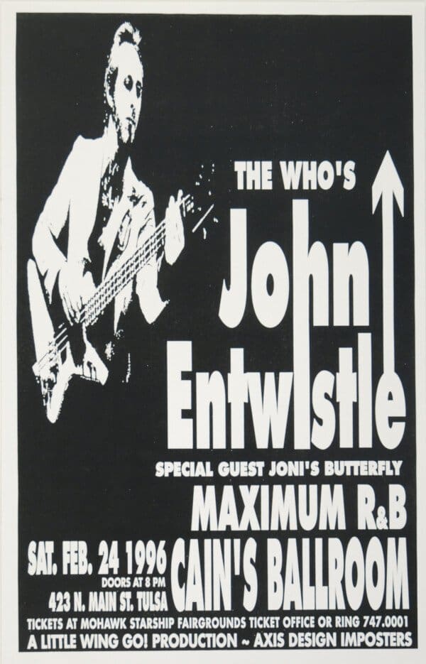 Poster for John Entwistle's February 24, 1996 concert at Cain's Ballroom in Tulsa
