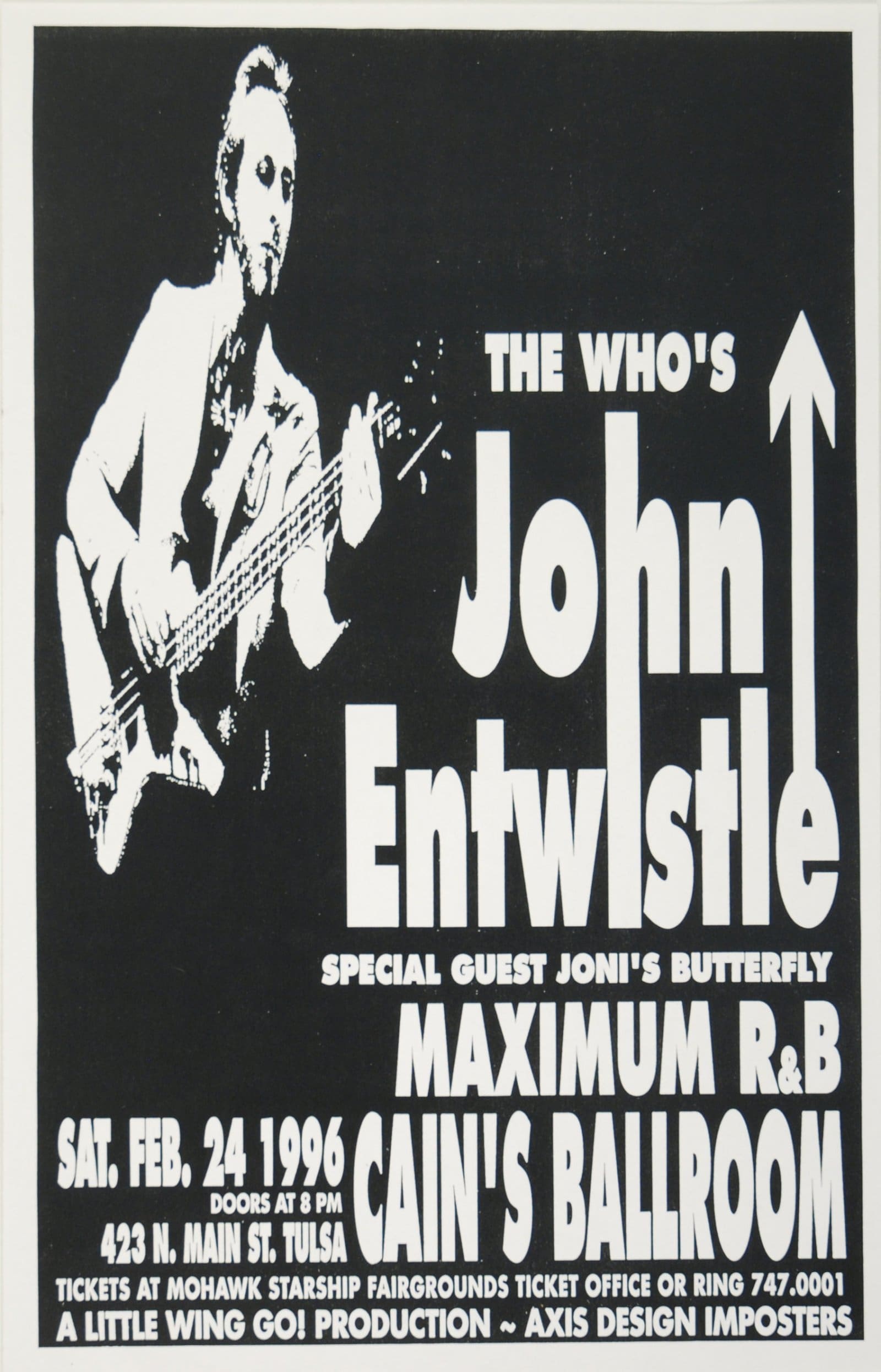 Poster for John Entwistle's February 24, 1996 concert at Cain's Ballroom in Tulsa