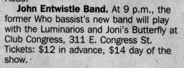 Mention of John Entwistle Band's February 28. 1996 concert
