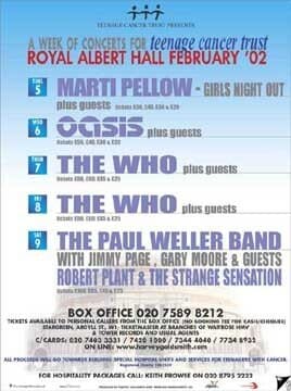 Flyer for the February 2002 Teenage Cancer Trust shows