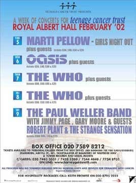 Flyer for the February 2002 Teenage Cancer Trust shows