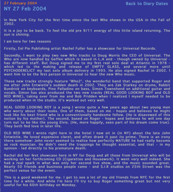 Screenshot of Pete Townshend's blog at www.petetownshend.co.uk from February 27. 2004