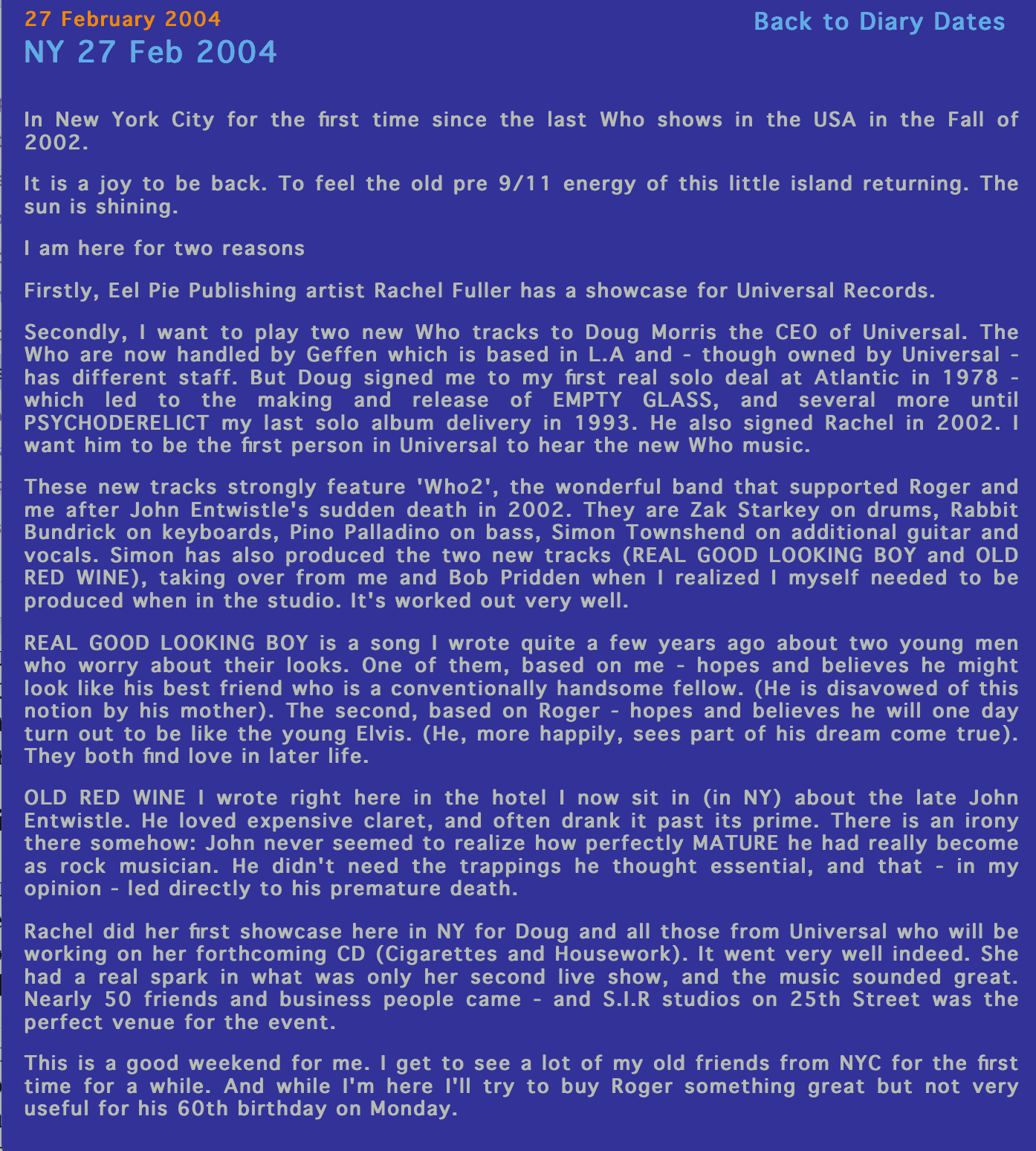 Screenshot of Pete Townshend's blog at www.petetownshend.co.uk from February 27. 2004