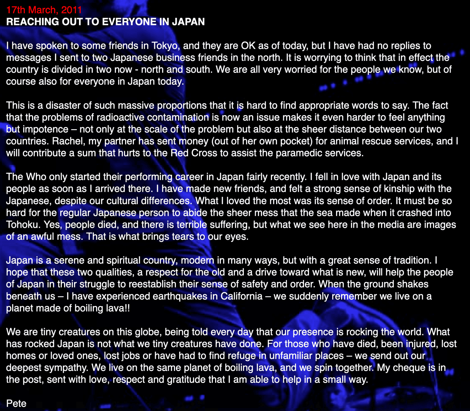 Screenshot of Pete Townshend's blog entry from March 11, 2011