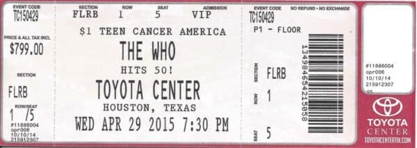 Ticket for The Who's April 29, 2015 concert