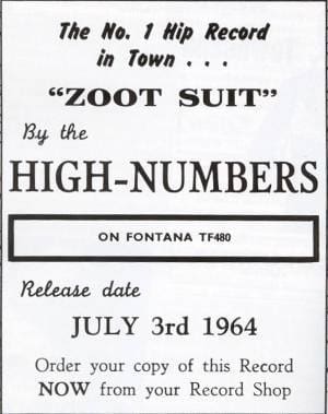 Ad for The High Numbers single "Zoot Suit", released on July 3, 1964