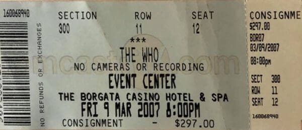 Ticket for The Who's March 9, 2007 concert